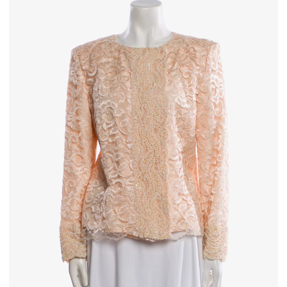 90's Christian Dior Peach Blush Lace Beaded Cuff Evening Jacket Size 6